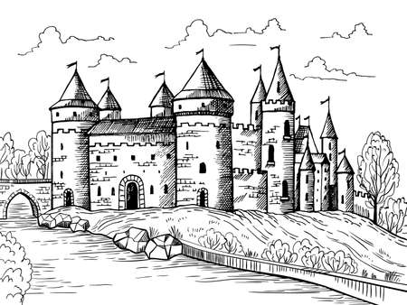 Medieval landscape. Gothic ancient buildings with big fortress fantasy historical houses from stones recent vector handrawn backgroundのイラスト素材