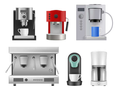Coffee machines. Kitchen items for preparing hot beverage drinks cappuchino and espresso liquid products decent vector realistic set isolatedのイラスト素材