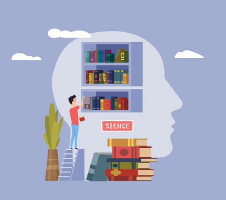 Education concept. Knowledge, self study. Man and bookshelf, books in human head vector sceneのイラスト素材