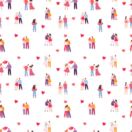 People in love pattern. Romantic dates, cute couples hugging. Hearts balloon, family vector seamless textureのイラスト素材
