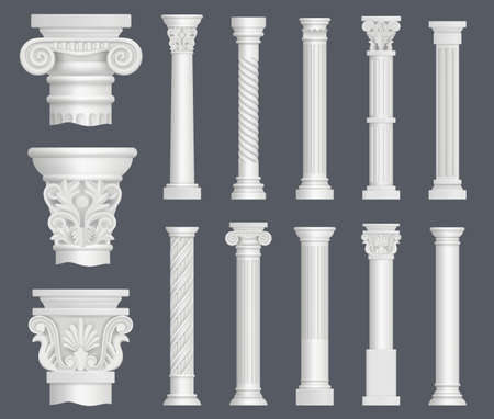 Antique columns. Vintage ancient facade decoration renaissance style ornamental pillars architectural interior objects decent vector realistic illustrationsのイラスト素材