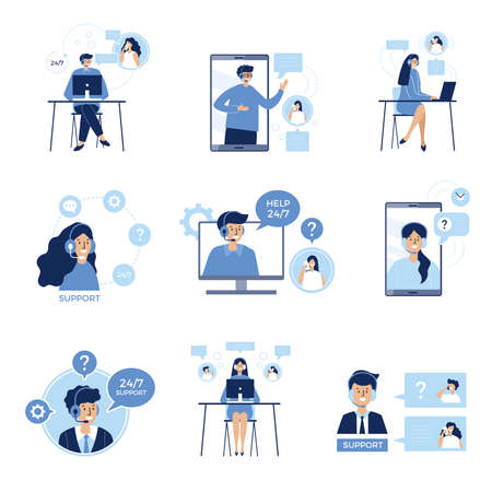 Phone talk persons. Customers service dialogue service center distance speaking helping clients recent vector flat characters picturesのイラスト素材