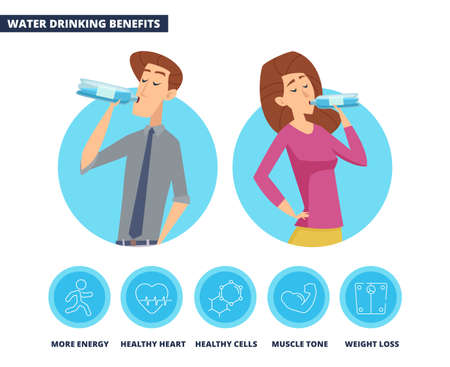 Water drink benefits. Man woman drinking from bottles, clean liquid. Healthy lifestyle vector infographicsのイラスト素材