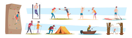 Outdoor active people. Adventure young person tourists hiking lifestyle sport active characters rest in park exact vector flat illustrationsのイラスト素材