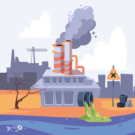 City pollution. Toxic urban waste liquid garbage landscape garish vector cartoon backgroundのイラスト素材