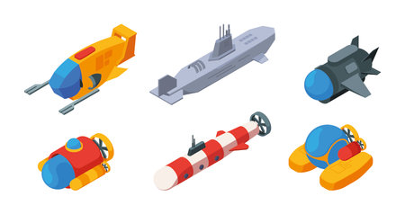 Submarine isometric. Ocean underwater exploring boats and ship with periscope drive navy transport garish vector 3d illustrationsのイラスト素材