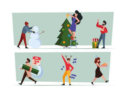 People xmas celebrating. Happy family preparing to new year friends and couples with children making presents home party gifts garish vector xmas charactersのイラスト素材