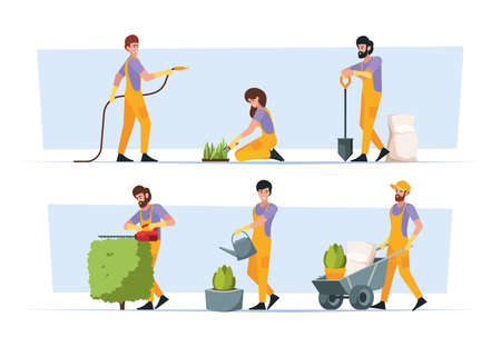 Gardeners. Agriculture characters people growth plants harvest person fruits and vegetables tree garish vector flat illustrations set isolatedのイラスト素材