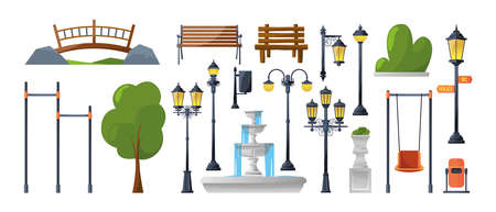Urban park elements. Benches bushes fountain and furniture for outdoor street decoration garish vector flat pictures setのイラスト素材