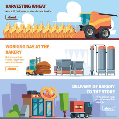 Bread production banners. Rural farming vehicles and windmill harvesting processes garish vector ads templates with place for textのイラスト素材