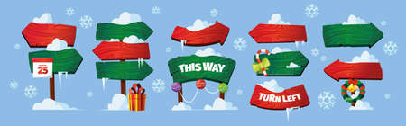 North pole signs. Christmas wooden direction arrows boards with snow caps garish vector illustration isolatedのイラスト素材