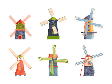 Windmills. Flat rural buildings water towers netherlands windmills garish vector flat houses cartoon collection isolatedのイラスト素材