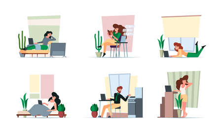 Distance work. Freelancer working at home relax persons healthy professional workflow in interior space garish vector people laptop and computer printingのイラスト素材