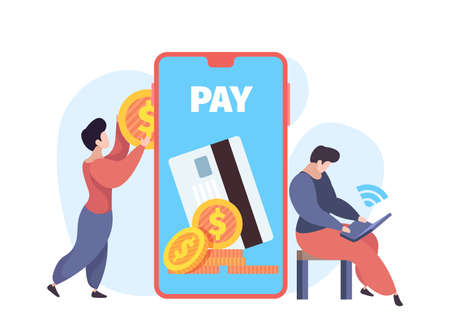 Mobile payments. Contactless pay, people with money and smartphone vector conceptのイラスト素材