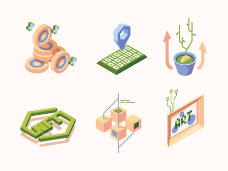 Nft icon. Electronic arts security innovation system safety your personal creative works paints art content garish vector isometric illustrationsのイラスト素材