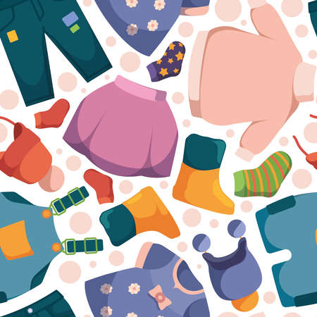 Clothes pattern. Casual pants jackets dresses textile design illustration for kids clothes garish vector fashion seamless backgroundのイラスト素材