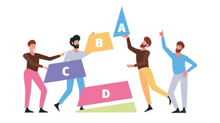 Man collect chart. Teamwork, business development. Partnership, people doing pyramid, vector concept
