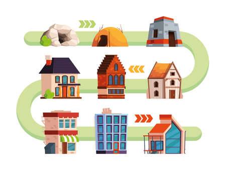 Building evolution. Cave and ancient houses futuristic architectural technology wooden villa garish vector cartoon pictures setのイラスト素材