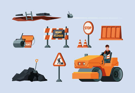 Road repair. Builders instruments for road workers machine for maintenance support garish vector illustrations setのイラスト素材