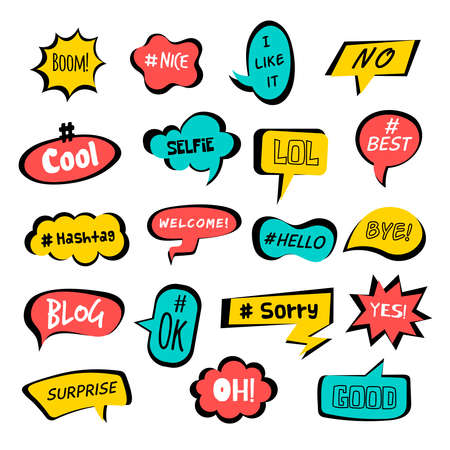 Communication tags. Social service dialogue fun speaking words in decorative bubbles graphic hashtags recent vector templates collectionのイラスト素材