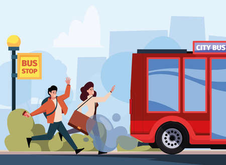 Late for bus. Running business people stop urban transport getting taxi or bus rush lifestyle garish vector cartoon backgroundのイラスト素材