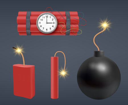 Dynamite. Bombs explosion 3d realistic red stick dynamite gunpowder firecracker decent vector templatesのイラスト素材