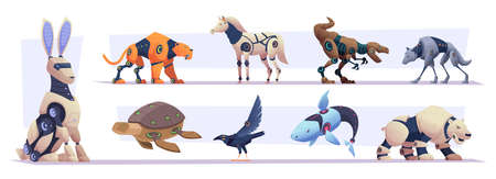 Steel animals. Robotic angry transformers animals with different mechanism and smart futuristic technologies fishes birds monsters exact vector cartoon collectionのイラスト素材