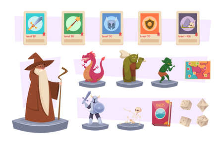 Gaming symbols. Dices for rpg role players symbols for adventure playing icons in cartoon style fantasy pictures exact vector pictures setのイラスト素材