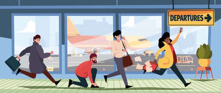 Late for plane. Travellers running to aviaterminal fast lifestyle rush persons with luggage stressed people garish vector flat backgroundのイラスト素材