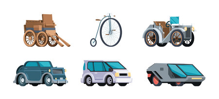 Vehicle evolution. Retro old style and modern automobiles motor cars with wheels development timeline transports technology garish vector illustrations in flat styleのイラスト素材