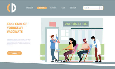 Vaccination landing. Medical virus prevention company people treatment doctor nurse making vaccine in hospital garish vector web page templateのイラスト素材