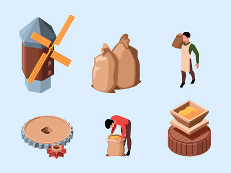 Mill. Rural agricultural processes flour production windmill construction history farm river energy scalling grains garish vector isometric setのイラスト素材