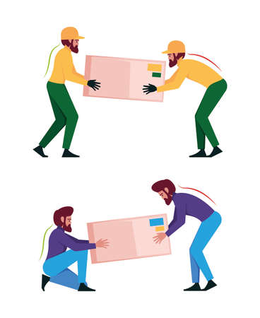 Heavy lifting. Workers demonstrating correct movement of heavy loading big packages garish vector ergonomic infographic illustrationsのイラスト素材