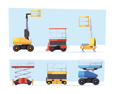 Construction lifts. Heavy machinery forklifts for moving containers cargo boxes truck for builders garish vector flat illustration vehicles in flat styleのイラスト素材