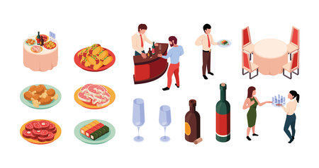 Outdoor catering. Restaurant caterers carry banquet event festival reception waiter with dish and products on it garish vector isometricのイラスト素材