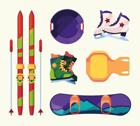 Winter transport. Snowboards skis sleds snowmobiles sledding active objects for outdoors sport health care activities garish vector objects setのイラスト素材