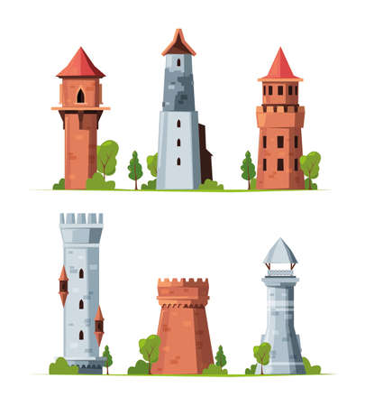 Towers. Medieval fairytale castles fortress towers bastion in cartoon style garish vector illustrations templatesのイラスト素材