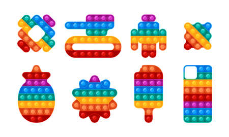 Silicon pop toys. Hand popping silicon puzzle plastic gadget for kids fidgeting entertainment garish vector colored geometrical formsのイラスト素材