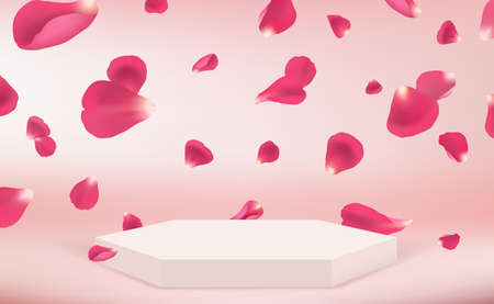 Flying petals and podium. Ad pedestal template, realistic goods presentation vector blank bannerのイラスト素材