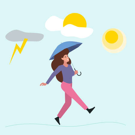 Woman walk from bad mood. Girl with umbrella go to sun, psychology vector metaphorのイラスト素材