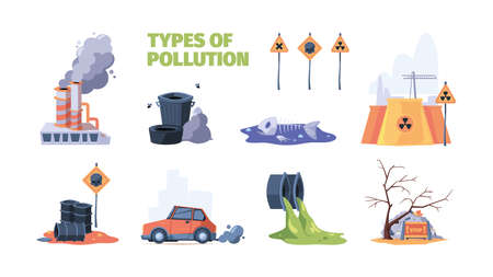 Urban pollution. Toxic city industrial garbage liquid puddle waste garish vector cartoon concept pictures setのイラスト素材