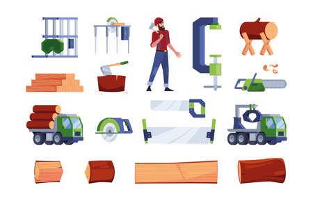 Wooden production. Oak logs industrial saw and axe for sawmill forestry timber woodcutter items garish vector flat illustrations set isolatedのイラスト素材