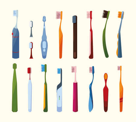 Colored toothbrushes. Oral healthcare hygiene equipment protection tooth cleaning electric brushes garish vector illustrations setのイラスト素材