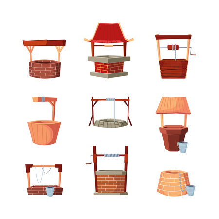 Water source. Well with bucket in village old farm stone and wooden constructions garish vector flat illustrations setのイラスト素材