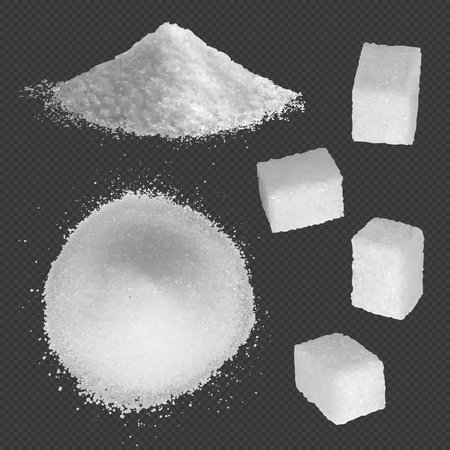 Sugar realistic. Granule white ingredients for preparing food sweet powder plants decent vector sugar grainsのイラスト素材