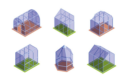 Greenhouse isometric. Garden transparent houses for growing plants vegetables or fruits cultivation flowers garish vector 3d templates set collectionのイラスト素材