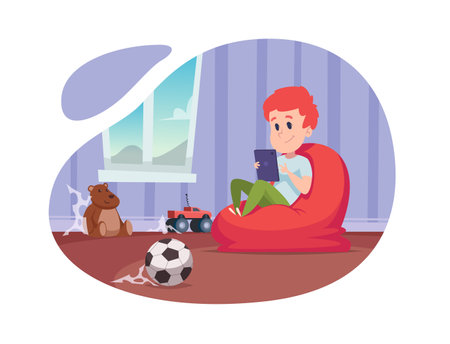 Smartphone addiction. Kids using smart technological laptop and pc touching on screen playing and studying processes exact vector cartoon backgroundのイラスト素材