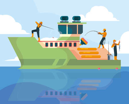 Fishing vessel background. Sailors characters outdoor hobby activities in river or sea garish vector fisherman in cartoon styleのイラスト素材