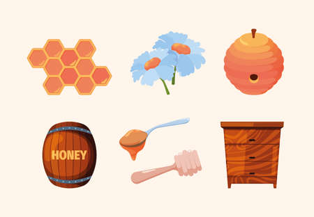 Honey set. Bee honeycomb beeswax healthy tasty natural food nectar from insects liquid beauty transparent honey garish vector colored picturesのイラスト素材