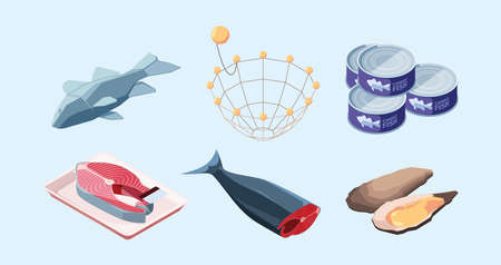 Fishing production. Marine sea or ocean food industry underwater fish hunting and selling and preparing food garish vector commercial industry isometric conceptsのイラスト素材